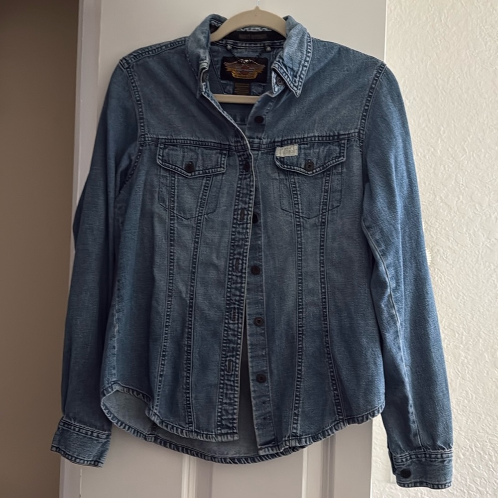 Harley-Davidson Motorcycles Blue Denim Embroidered Back Button Up Shirt